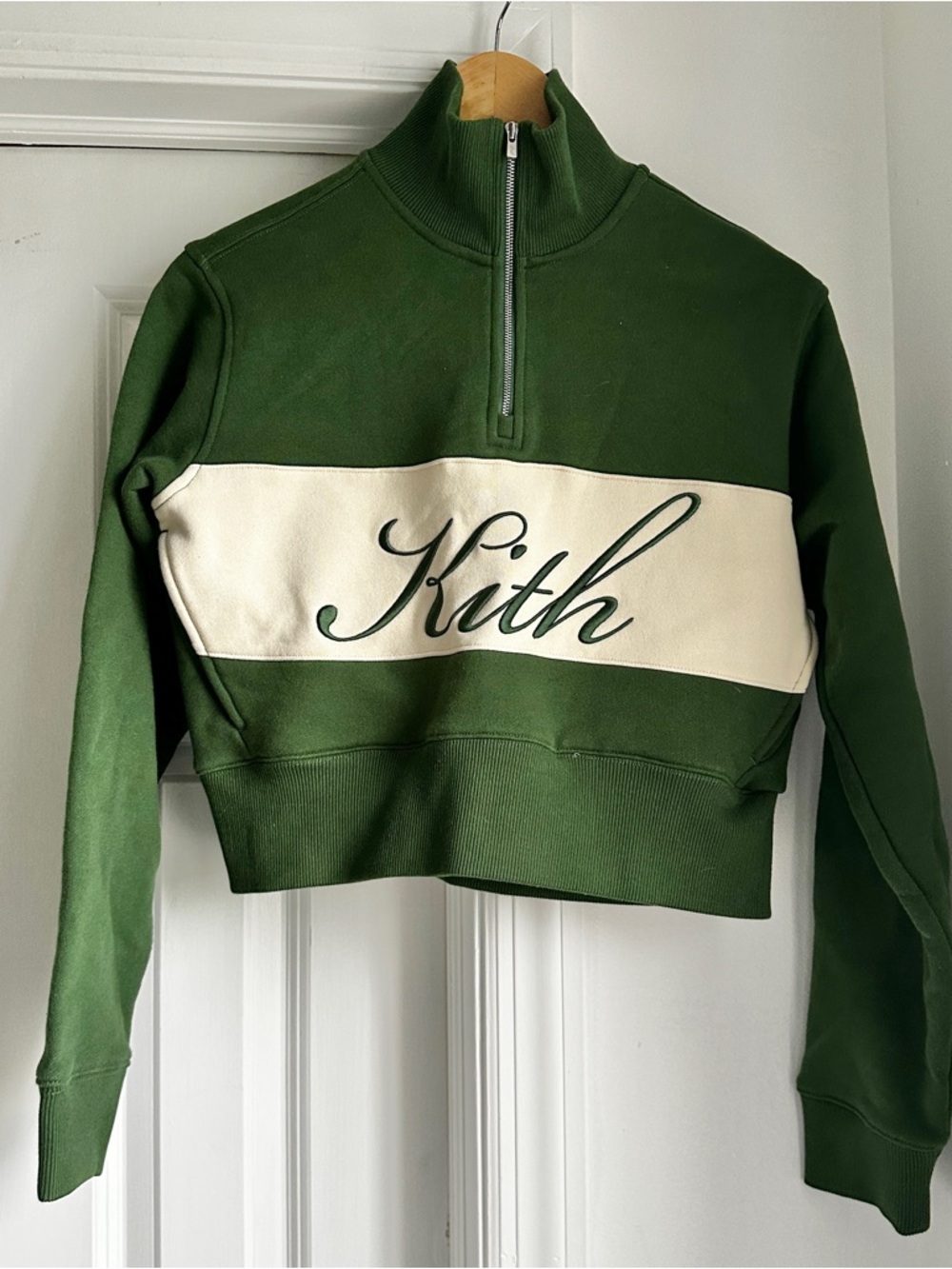 Kith Olive Green Half-Zip Cropped Sweatshirt with Cream Chest Panel